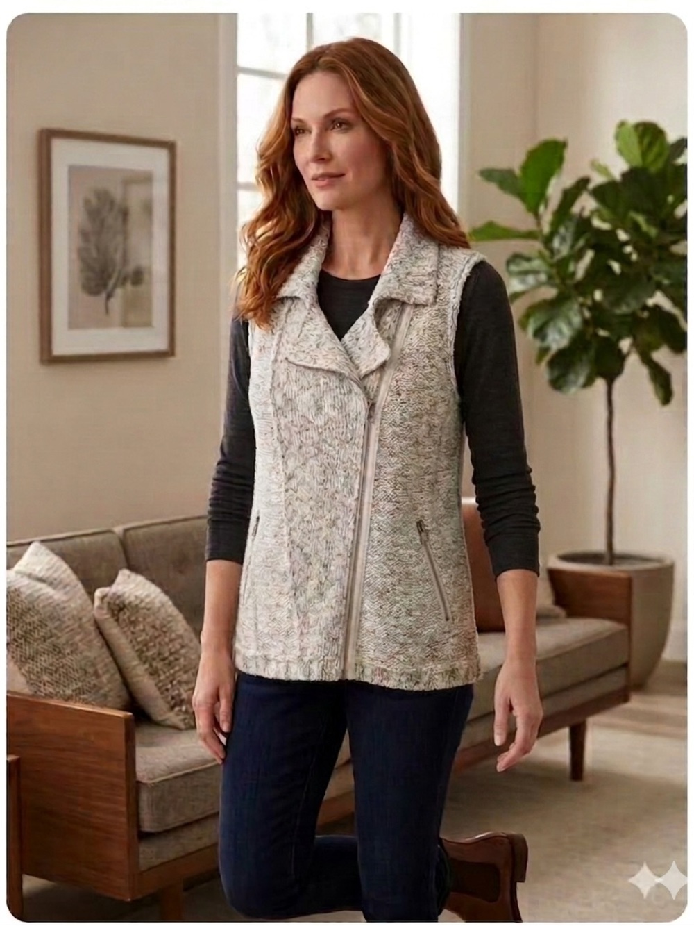 Chico's Cream Marled Zip-Front Knit Vest